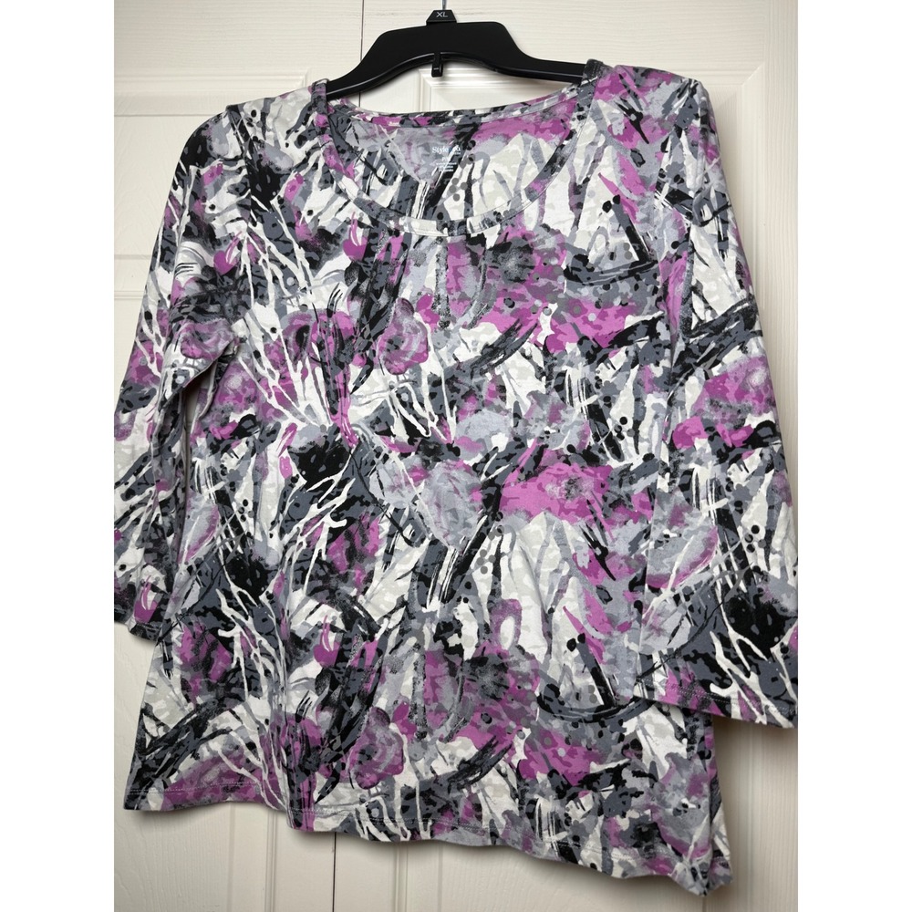 Style & Co Petite Purple‎ Abstract Floral Knit Top 3/4 Sleeve PM